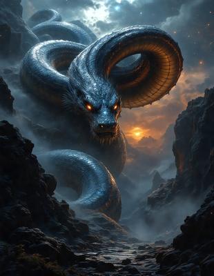 Primary subject: A large, blue, fire-breathing dragon with a long, curled tail.

Setting/background: The dragon is standing in front of a mountain, with a rocky landscape in the background.

Visual style: The image is a digital artwork, featuring a detailed and intricate dragon design.

Colors and mood: The dragon is predominantly blue, with orange and yellow accents, creating a fiery and dramatic atmosphere.
